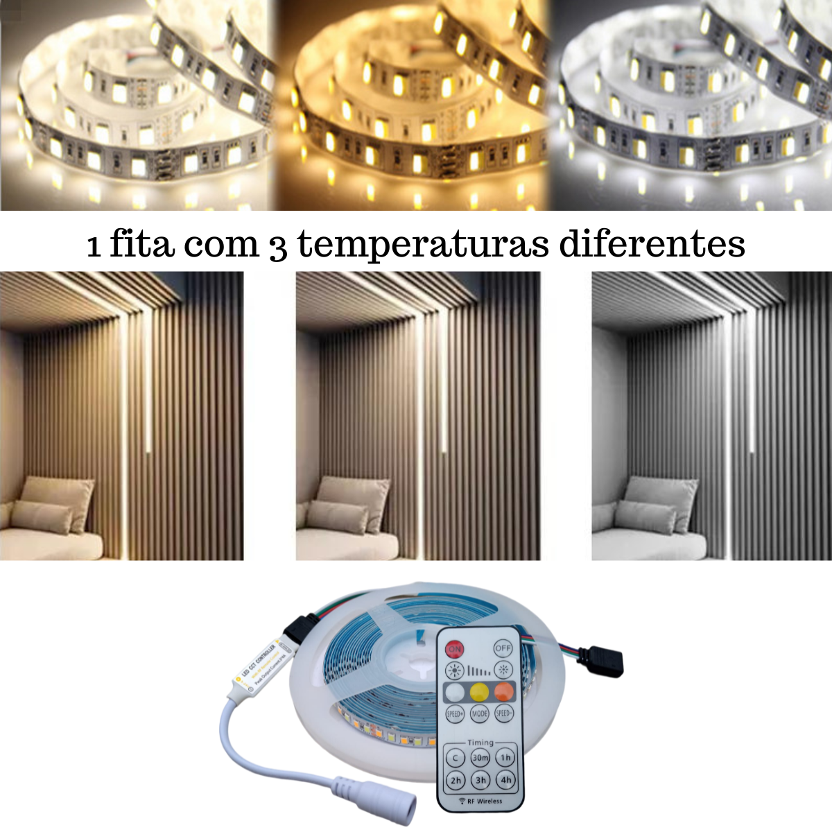 Fita De Led 3528 Com 3 Cores De Luz Iluminação (Frio, Quente e Morno) De 5M De 12V Com Controlador E - 2