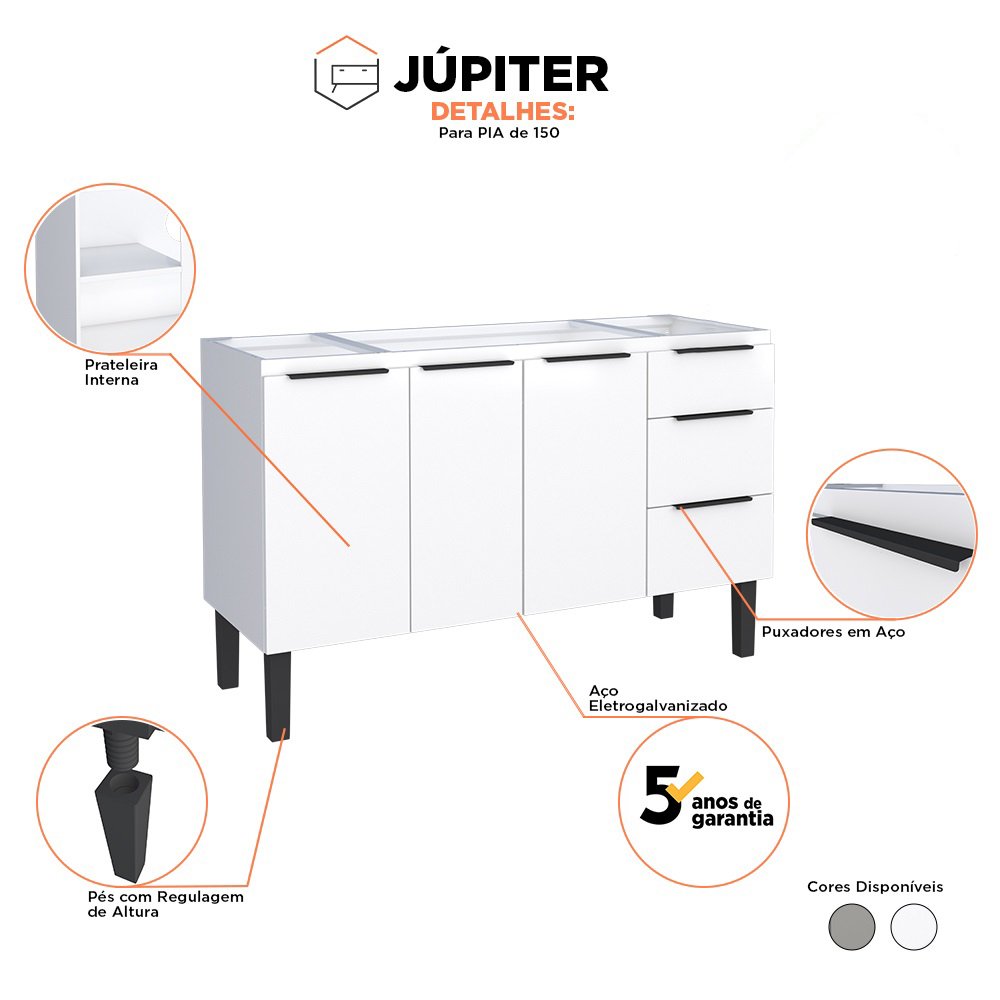 Gabinete Cozinha em Aço Júpiter 150 3 Gavetas Branco - Cozimax