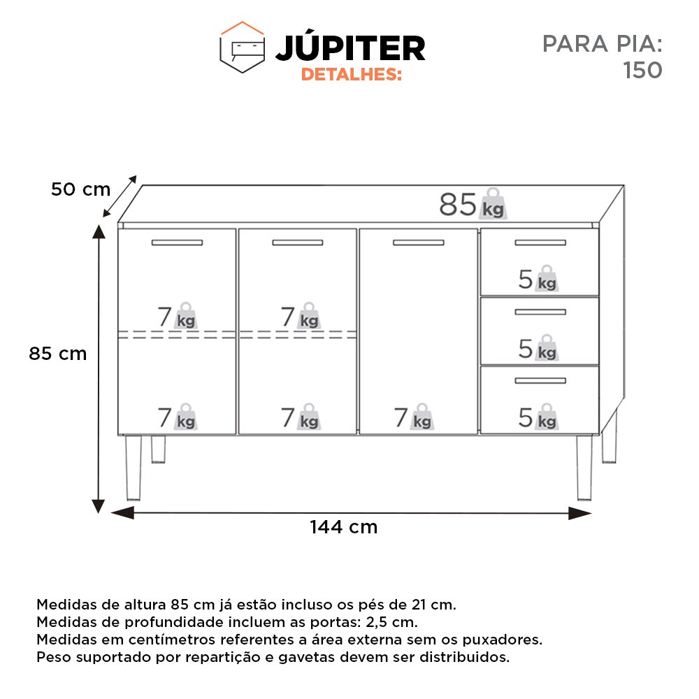 Gabinete Cozinha em Aço Júpiter 150 3 Gavetas Branco - Cozimax - 4