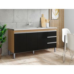 Balcão Gabinete para Pia 160cm 3 Portas Andréia Amendoa Preto sem Tampo - Ajl - 2