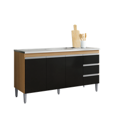 Balcão Gabinete para Pia 160cm 3 Portas Andréia Amendoa Preto sem Tampo - Ajl - 1