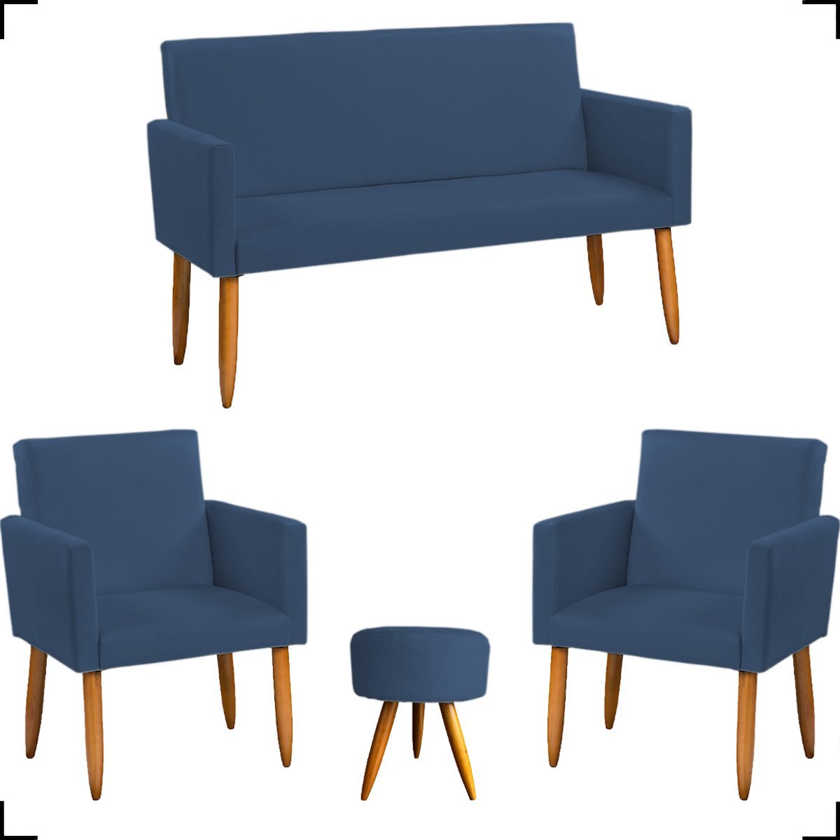 Kit Namoradeira Decorativa + 2 Poltronas Para Sala Reforçadas + Puff Redondo Suede Azul-Marinho