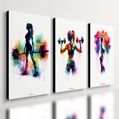 Kit 3 Quadro Decorativo Academia Mulher Colorido Musculação Moderno 28x20cm