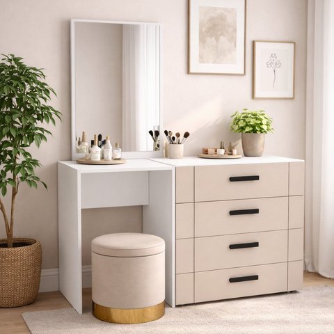 Cômoda Penteadeira 4 Gavetas Lisboa Bege/Creme/Branco