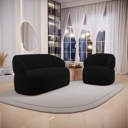 Kit Poltrona Giratória e Sofá Orgânico Living Glee 02 Lugares 140cm Veludo Preto - Desk Design - 2 Kit Poltrona Giratória e Sofá Orgânico Living Glee 02 Lugares 140cm Veludo Preto - Desk Design - 2