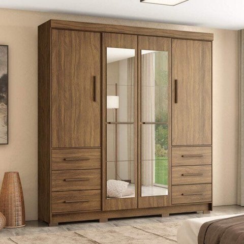 Guarda-Roupa Casal com Espelhos 4 Portas 6 Gavetas Estrela 