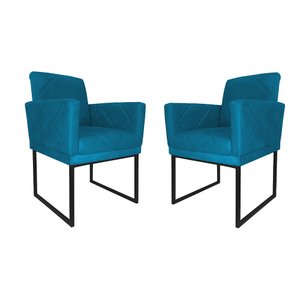 Kit 02 Poltronas Klara Base Ferro Preto Suede - Estopar Kit Klara Base Preta Suede Azul Turquesa