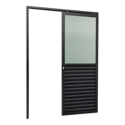 Porta de Correr Suspensa Meia Veneziana Meia Vidro Esq L.25 Preta 210x80 Brimak