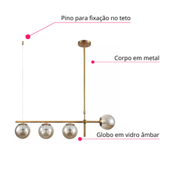 Lustre Pendente Dourado Vidro Bola Esfera Âmbar Retrô Moderno Cozinha Ilha Sala Quarto Inl86 - 4