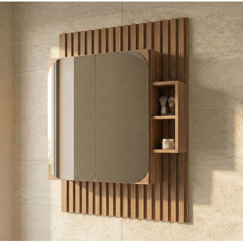 Espelheira para Banheiro Ripada com Nichos 2 Portas 100x80cm em MDF Noce Marrom