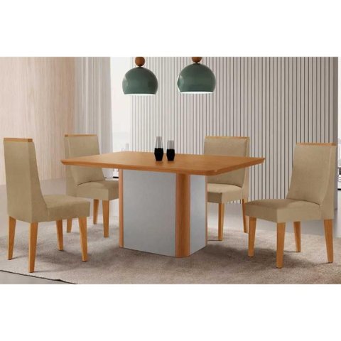 Conjunto: Mesa Sala Jantar Pietá C/ Tampo Madeirado Canto Curvo 120x80cm e 4 Cadeiras Dakota