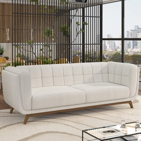 Sofá Decorativo Sala de Estar 180cm Rocket 2 Lugares Base Madeira Boucle Branco G45 - Gran Belo