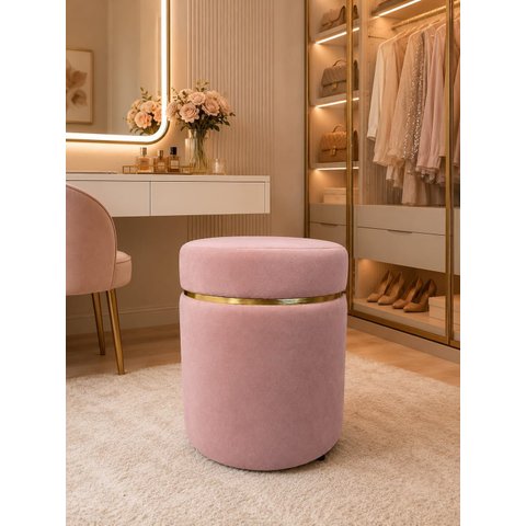 Puff com Cinta Superior Dourada, Nude Rose Veludo - Let Móveis