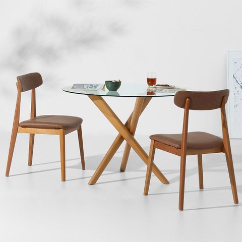 Conjunto Mesa de Jantar Thai Redonda Vidro Incolor - 1,10m + 2 Cadeiras Nord Encosto Estofado - Cogn