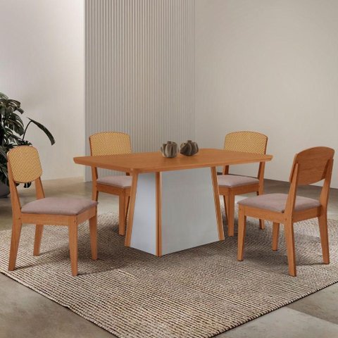Mesa Jantar Diane 120cm Tampo MDF Lam 4 Cadeiras Copper Pre Moderna Linho Capuccino Naturale Off