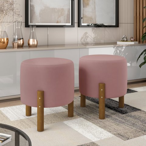 Kit 2 Puffs Decorativo Redondo Banqueta Sala Quarto Escritório Pés Madeira Zuppy - Rose Suede