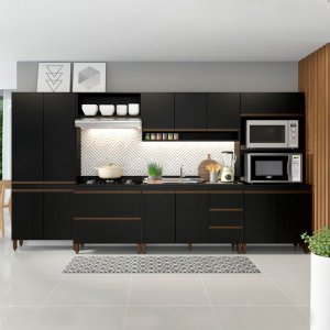 Armário de Cozinha Modulada Completo com Balcão Pia Sabrina 360x202 Cm 6 Peças Mdp Preto Menu