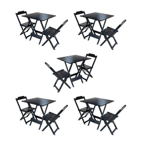 Kit 5 Jogos De Mesa Dobravel Com 2 Cadeiras De Madeira 70X70 Para Restaurante E Bar - Preto