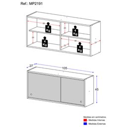 Armário de Cozinha Aéreo 105cm 2 Portas de Correr em Vidro Siena Multimóveis Mp2191 Branco - 3