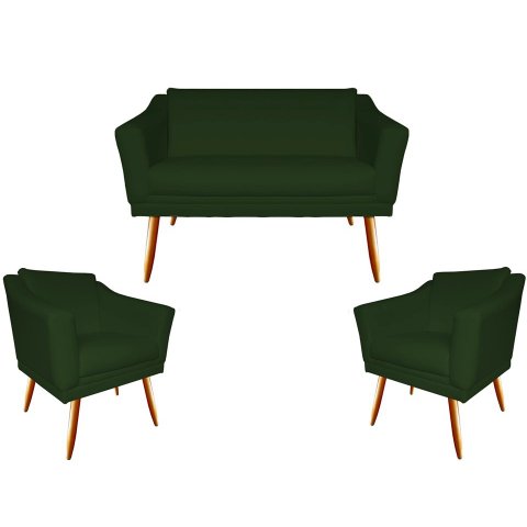 Kit Namoradeira + 2 Poltronas Decorativa Agatha Suede Verde Pés Madeira Mz Decor