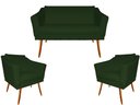 Ver imagem 1 de Kit Namoradeira + 2 Poltronas Decorativa Agatha Suede Verde Pés Madeira Mz Decor