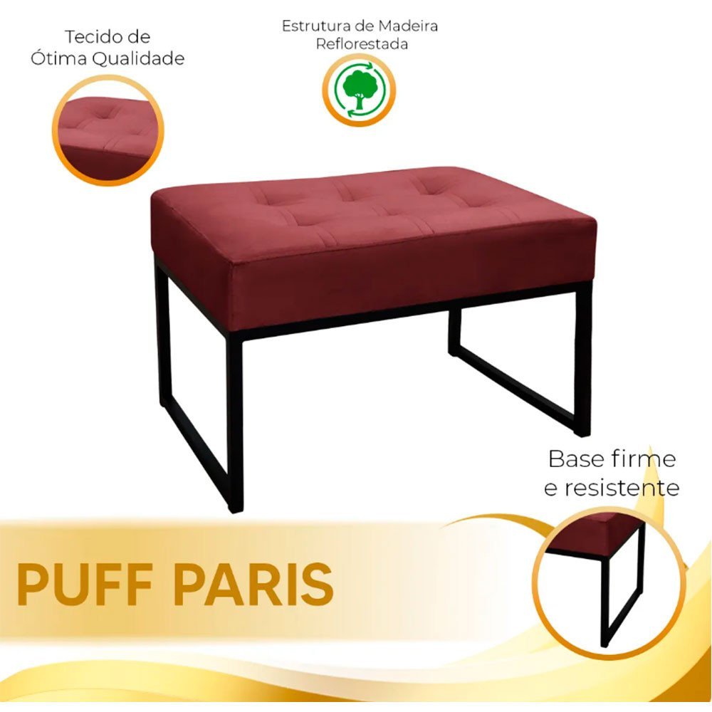 Puff Decorativo para Sala e Quarto Paris Veludo Bordo Base Preta Star Confort - 6