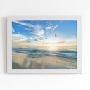 Ver imagem 1 de Praia Mar Pássaros Paisagem Quadro Moldura Branca 60x40cm