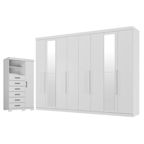 Guarda Roupa Casal Master New 8 Portas de Bater 4 Gavetas com Espelho e Cômoda Marabá Branco
