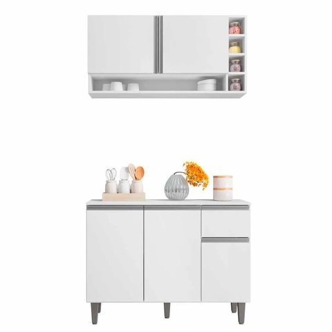 Kit de Cozinha Vanessa Balcão com Tampo Mdp e Aéreo Branco - Ajl Móveis