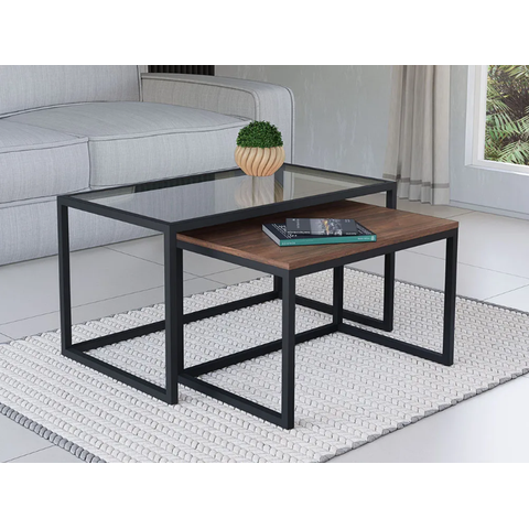 Conjunto Mesa de Centro Industrial 84cm e 80cm Aço Preto Duo Vidro Don Castro Decor