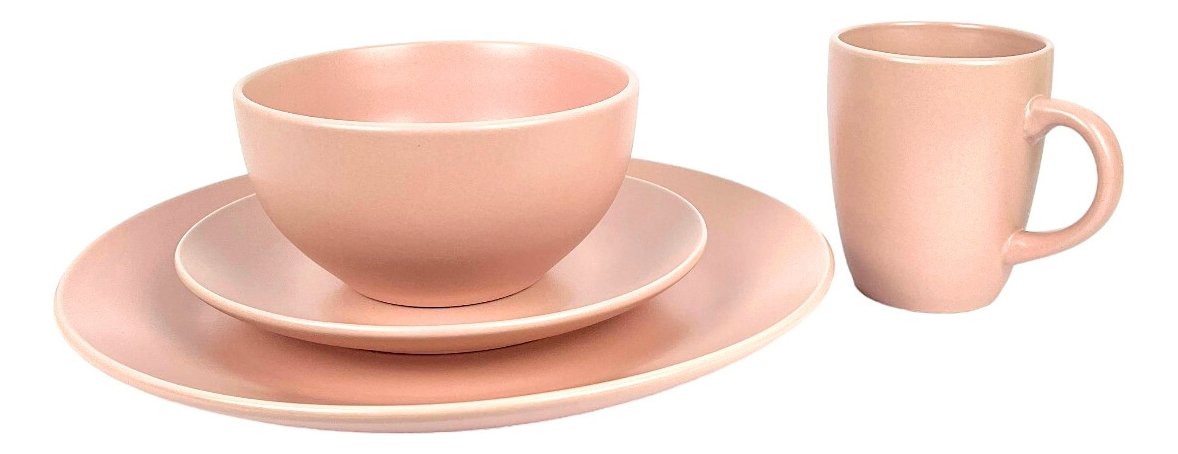 Aparelho de Jantar Lanche 16 Peças Cerâmica Charlotte com Pratos Canecas Bowl Rosé