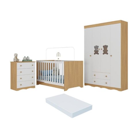 Quarto de Bebê Completo C/ Berço Americano 3 em 1 Colchão Doçura Multimóveis Mp4666 Madeirado/