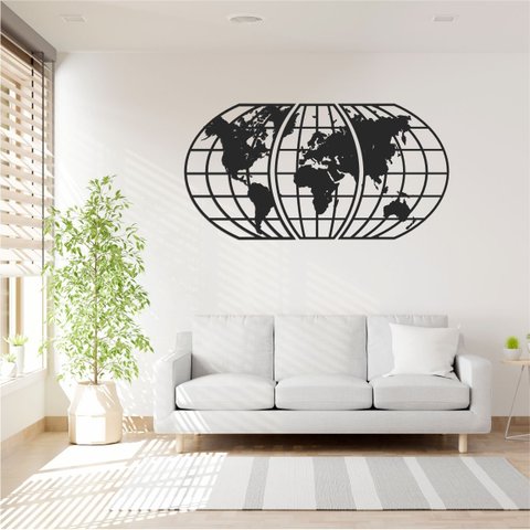Quadro Decoração Vazado Mapa Mundi World Triplo Preto 70x37