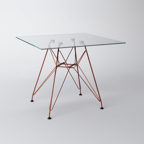 Mesa Eiffel Quadrada 90Cm Tampo De Vidro Com Base De Ferro Cobre Cor: Marrom