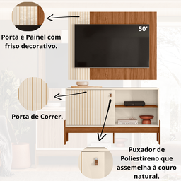 Rack e Painel Sala para Tv até 50 Polegadas Wood:cinamomo Mel/ Off White - 3