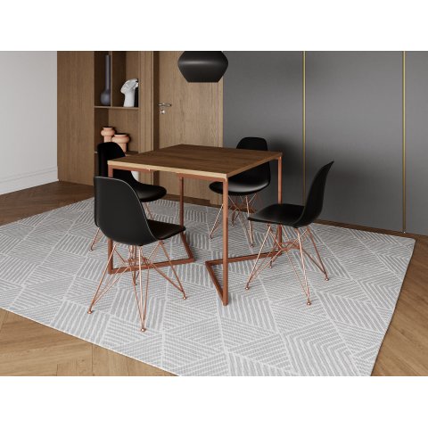 Mesa Industrial Base Ferro Cobre em V Tampo 90x90 Amendoa 4 Cadeiras Eames Ferro Assento Preto