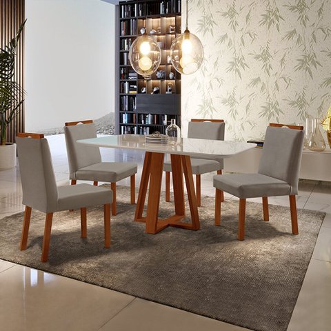 Conjunto Sala de Jantar Mesa Floripa e 4 Cadeiras Pérola Madeira Maciça Veludo Cinza