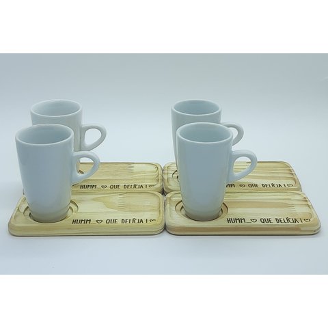 Kit Jogo 4 Xícaras Café/chá Cônica Alta 165ml C/ Pires Pinus - Porcelana Branca