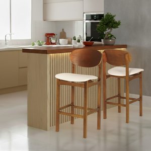 Banqueta Samba Madeira Maciça Jequitibá Nozes Conforto e Qualidade Premium Corino Bege