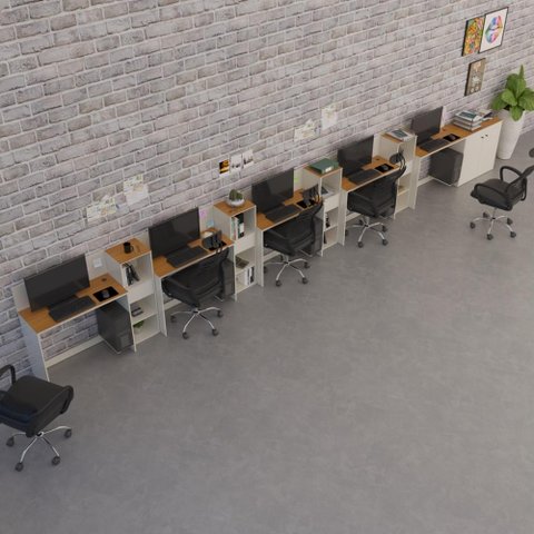 Conjunto de Escritório Smart 4 Livreiro 1 Buffet e 5 Mesas 90cm - Off White e Cedro
