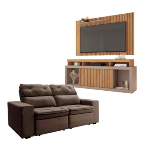 Kit Sofá Cheer Solar 3 Lugares Retrátil Reclinável com Rack Painel 65 New Oscar