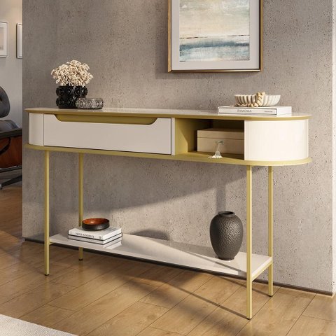Aparador Atlanta com Tampo Mdf Usinado Base Mdp 25mm e Pés em Ferro Off White/dourado