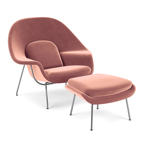 Poltrona Womb Chair com Puff Base Inox Veludo Nude