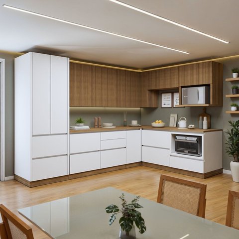 Cozinha Completa Modulada 9 Peças 11 Portas 8 Gavetas com Rodapé Norten Branco/Nature
