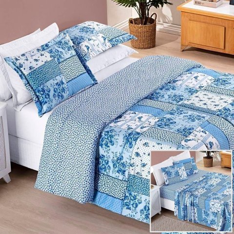 Edredom 2,60m X 2,40m + Jogo de Cama Bouti Estampado King 07 Peças 100% Poliéster - Azul Sereno