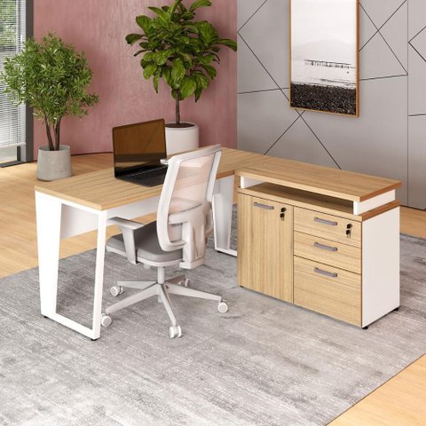 Mesa L Escritório 1,5m Pé Metal Armário 3 Gavetas 1 Porta F5 Cor:macadâmia com Branco
