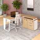 Ver imagem 1 de Mesa L Escritório 1,5m Pé Metal Armário 3 Gavetas 1 Porta F5 Cor:macadâmia com Branco