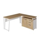 Ver imagem 2 de Mesa L Escritório 1,5m Pé Metal Armário 3 Gavetas 1 Porta F5 Cor:macadâmia com Branco