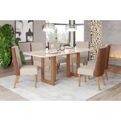 Mesa de Jantar Yara 200 C. Vidro 6 Cad. Anne Caramelo/linho - Henn