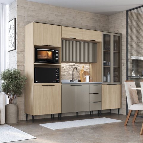 Cozinha Completa Modulada 5 Peças com Porta Ripada e Cristaleira Lavínia Bege/Imperial/Fumê